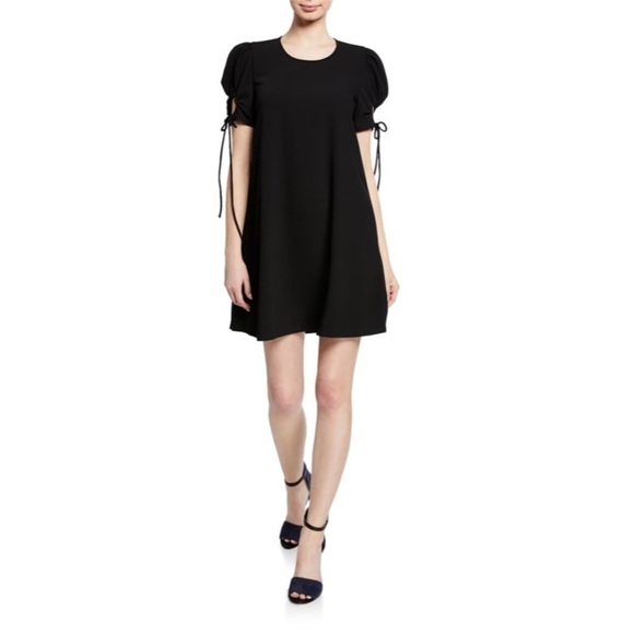 See By Chloe Black Crew Neck Tie String Puff Sleeve Mini Dress EUC Sz FR44 US12 - Picture 1 of 12